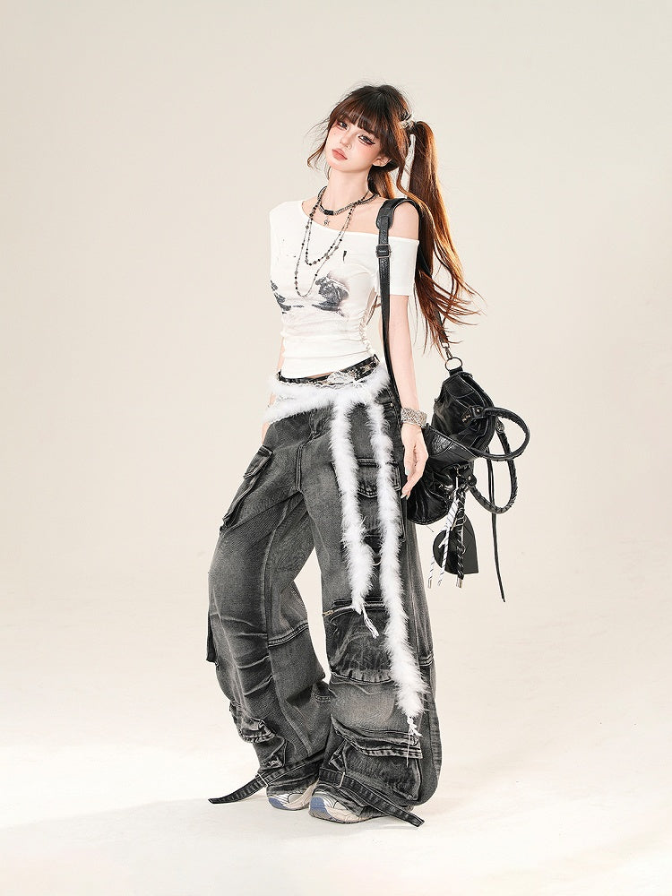 Black Low Rise Cargo Pockets Wide-Leg Jeans
