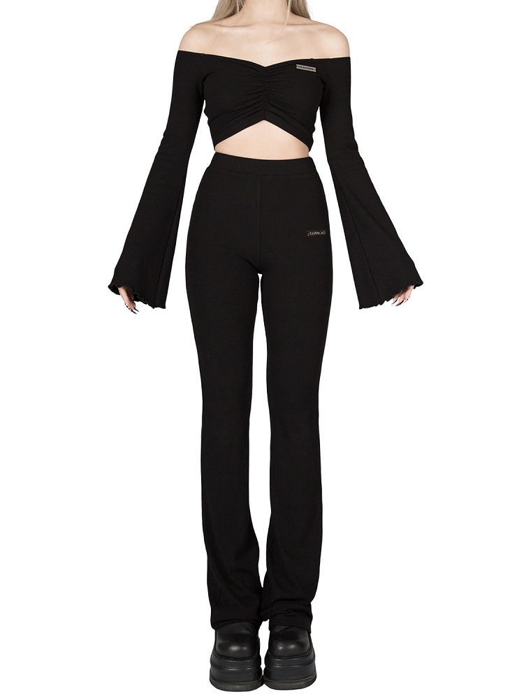 Knit Pants Stretchy High-Waisted - Flared Figure-Flattering Black