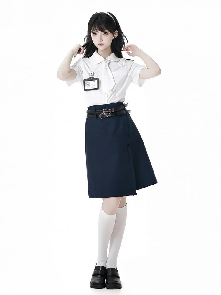 Uniform Navy Blue JK Knee-length Skirt with Double Buckle Belt