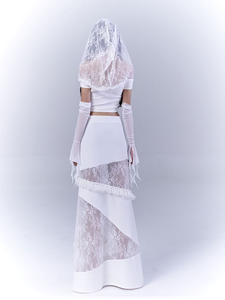 Hood Punk Hem Top with Cropped White Cutout Lace Shoulder Beaded Tassel