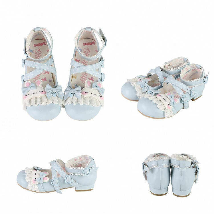 Süßes Design Crisscross Polka-dot Schuhe Lolita Bunny Spitze Applique Trim Muster Details Bowknot Blau