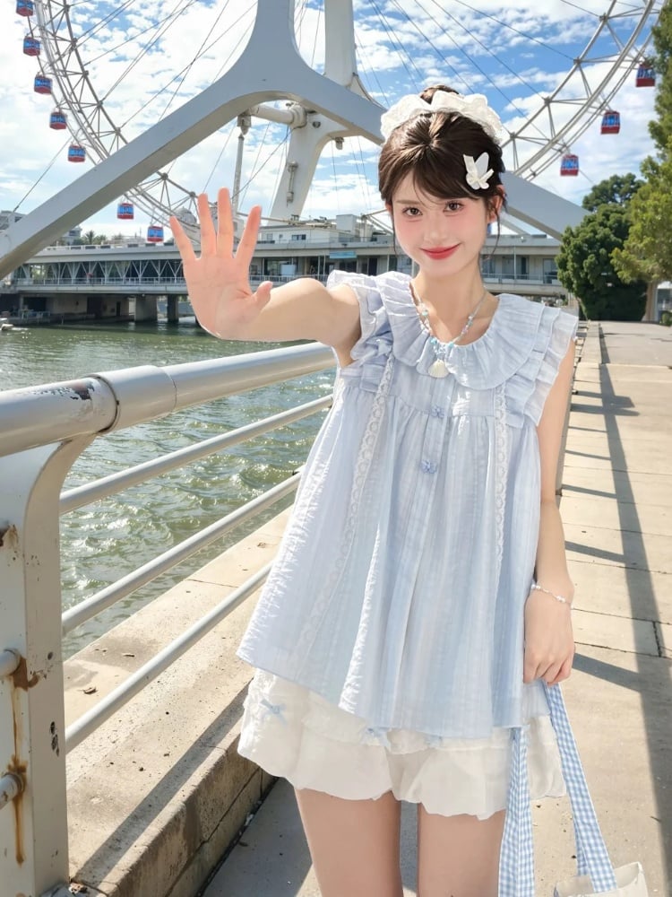 Sweet Tank Top Blue Peter Pan Collar Tiered Flutter Sleeves Bow Buttons