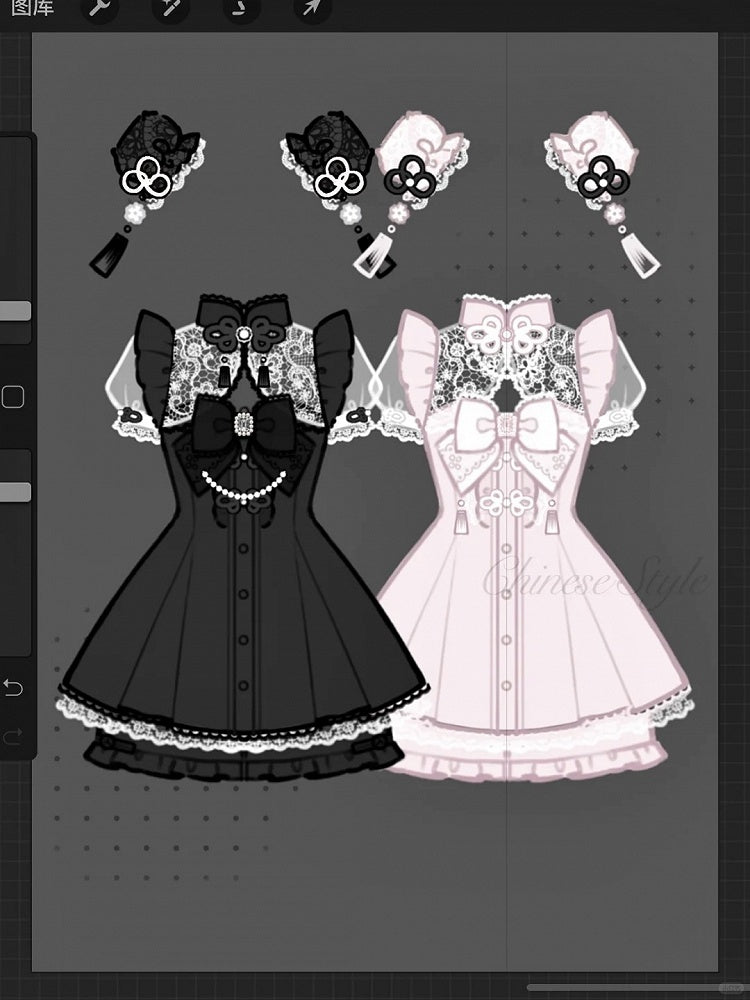 Kei Set-Cheongsam Collar Sleeves Dress+Shorts+Bow Black Y2K Jirai Short Tie+Hairclips