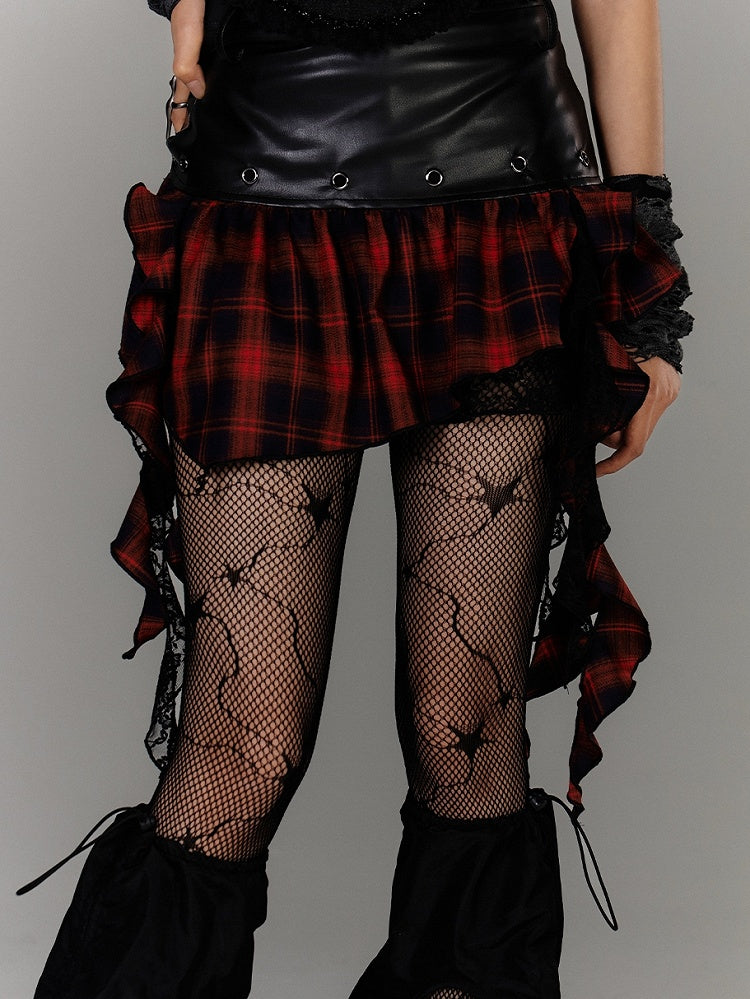 Ruffled Black PU Punk Skirt Hem Y2K Asymmetrical Red Plaid