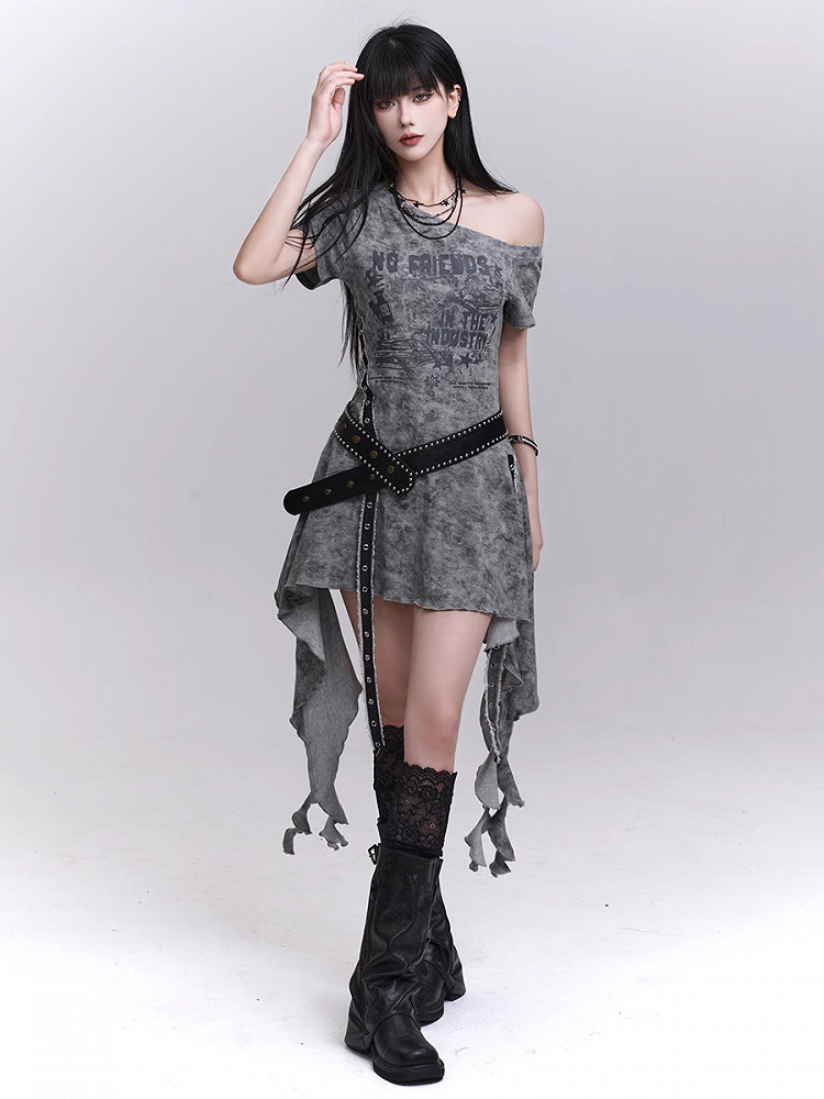 Belt Asymmetrical Neckline Cascading Ruffles Gray/Black Dress with Tie Dye Waist