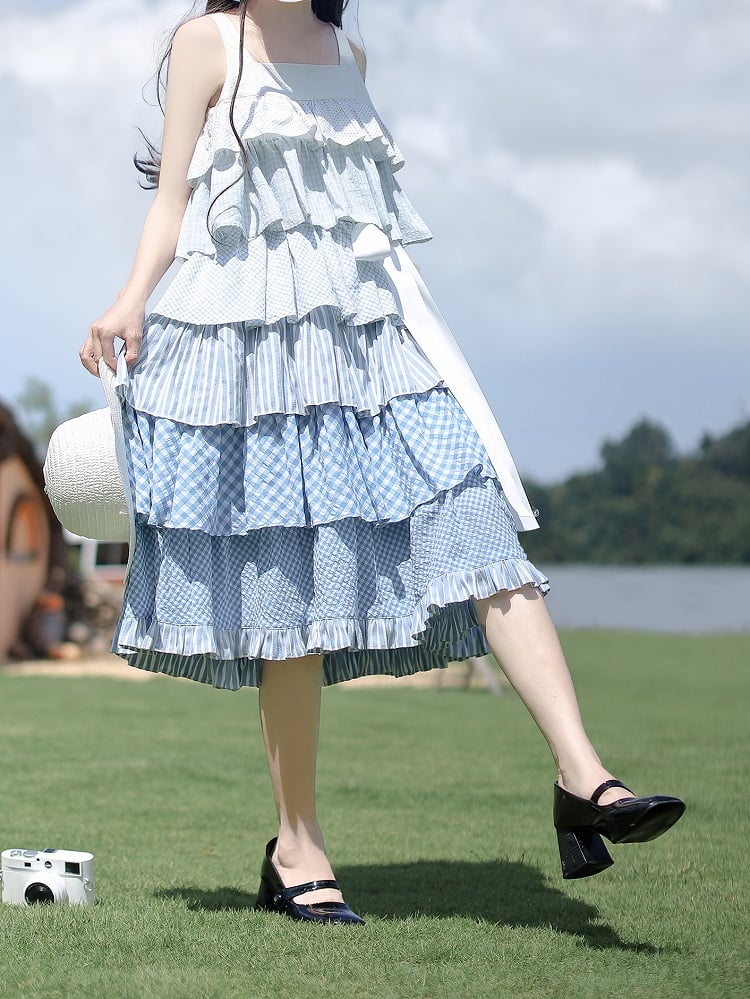 Blau mit Patchwork Urlaub Taille ärmelloses Kleid Stufenrock Gürtel