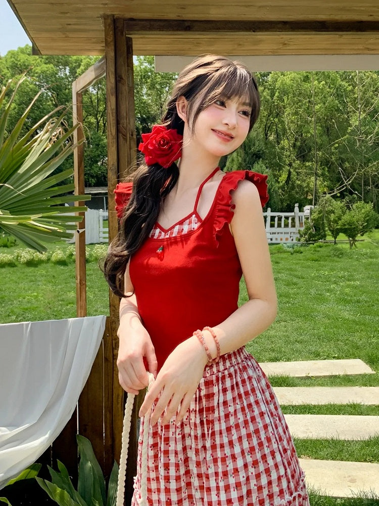 Faux Tank Top Neckline Embroidery Red Halter Neck Flutter Sleeves Cherry Two-pieces