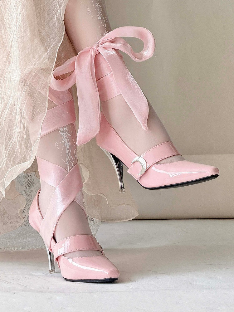 Heels at Toe High Moon Ankle Elegant Velcro Strap Pink Lace-up + Closures Pointed - Lolita Accent