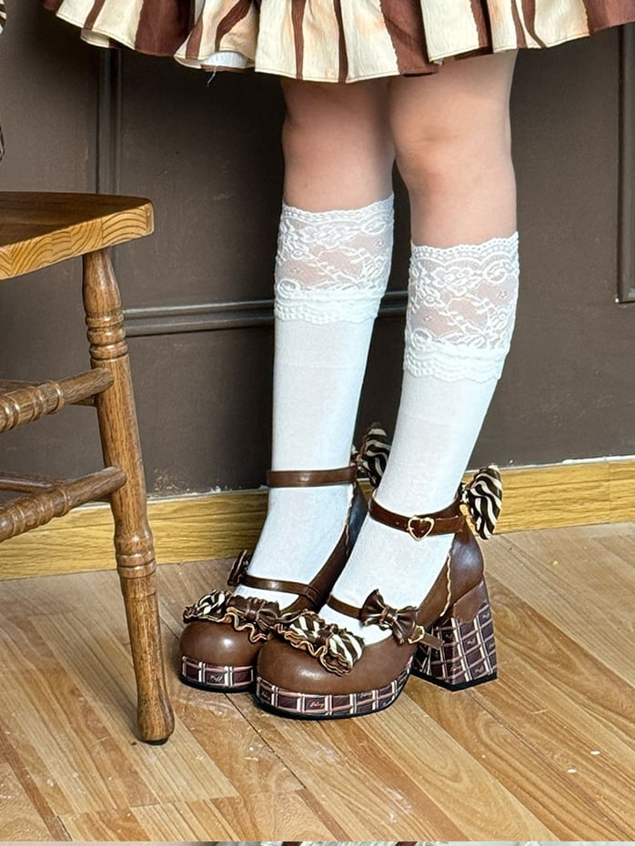 Striped Block Details Janes High Bowknot Brown Chocolate Mary Platform Heels Buckle Light Heart