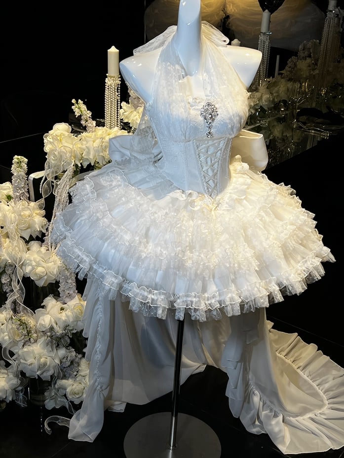 White Basque Waist Self-tie Lace Halter Neck Hanayome Lolitacore Dress