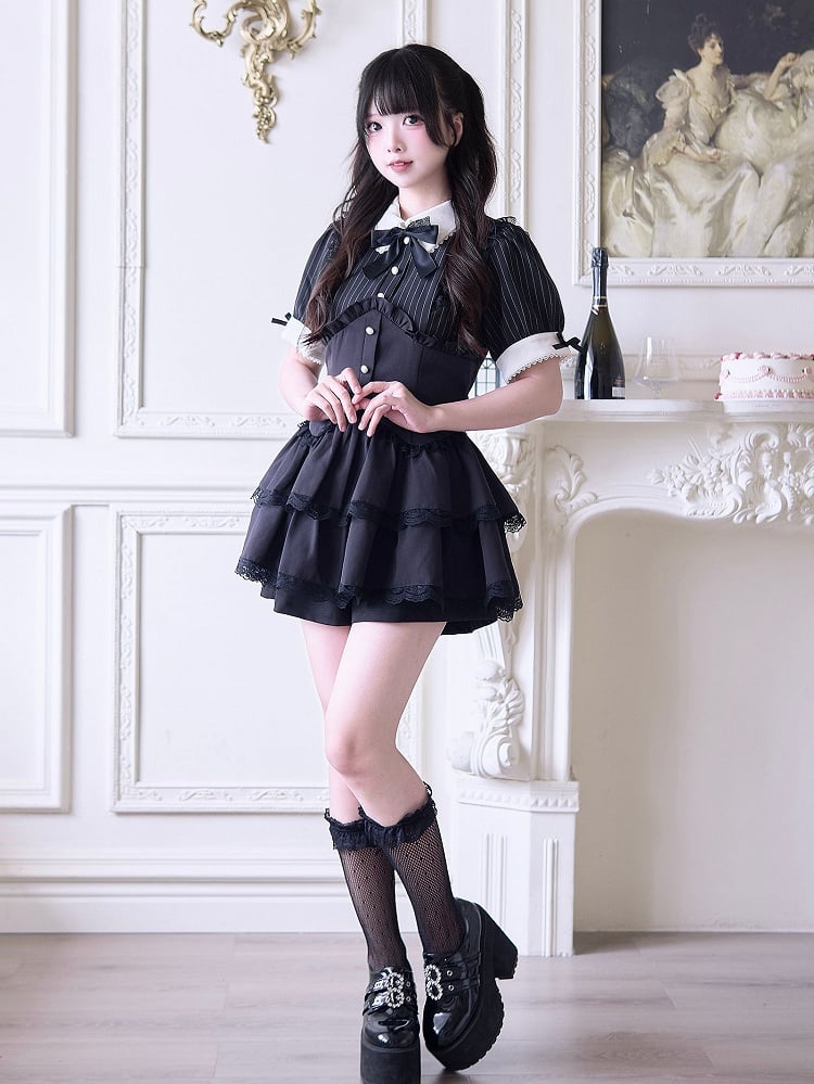 Shorts Faux Two-pieces and Dress Layered Kei Skirt Lace Black Jirai Striped Set- Trim