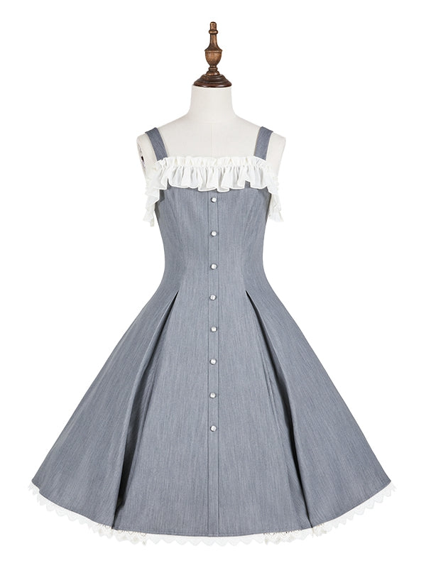 Fit Fashion Waist Lolita Gray Dress Elegant Slim