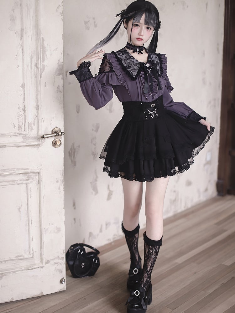Kei Collar Gothic Black and Style Pointed Blouse: Dark Purple Cutouts with Royal Lace Jirai