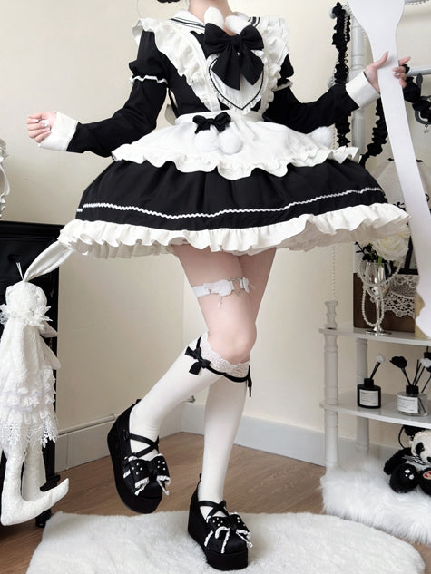 Sailor with Collar Ears Dress Apron Lolita Sleeves White Bunny Short Black Maid