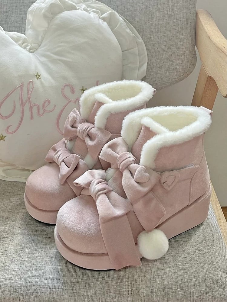 - Lolita Süße Plateaustiefel Pompon Winter Charm Pink