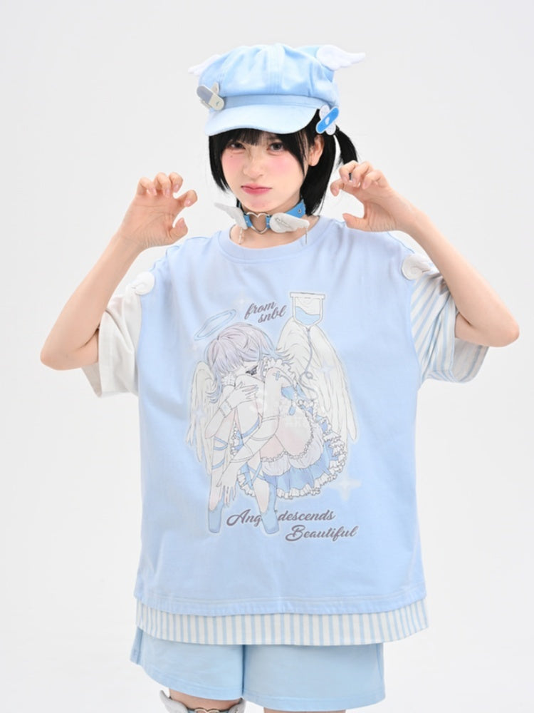 Blue Anime Girl Print Wing Appliques T-Shirt with Striped Scarf