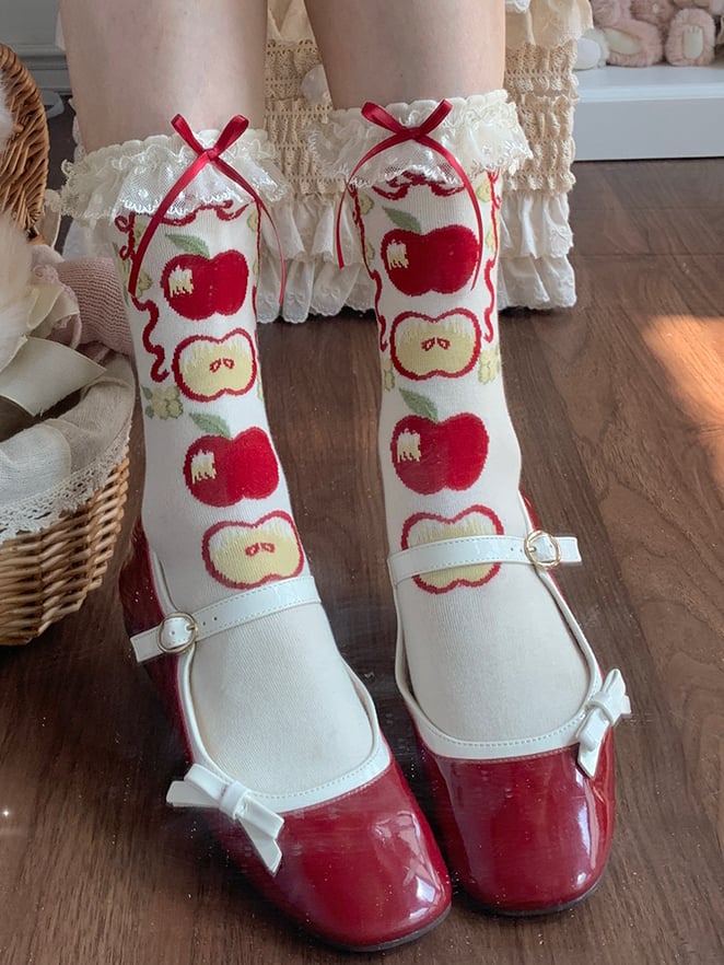 Lolita Calf Trim Sweet Socks Print Lace Apple Green/Red