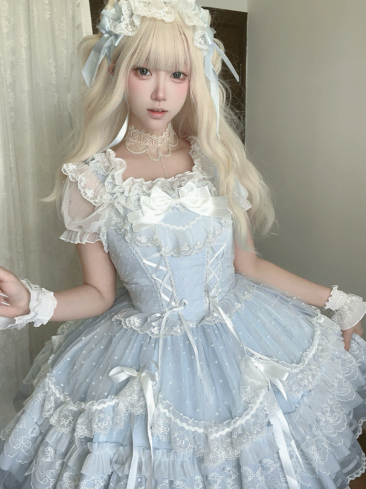 Pullover, abnehmbare Ärmel, Rock, süßes Lolita-Kleid, flatternd mit großem blauen Schnürmieder, hoch taillierter Schleife