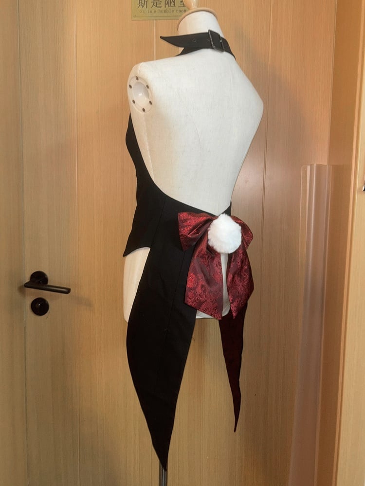 Black Ouji Neck Gothic Bunny at Halter Lolita Buckle Back Tailcoat with Bow Tail Waistcoat