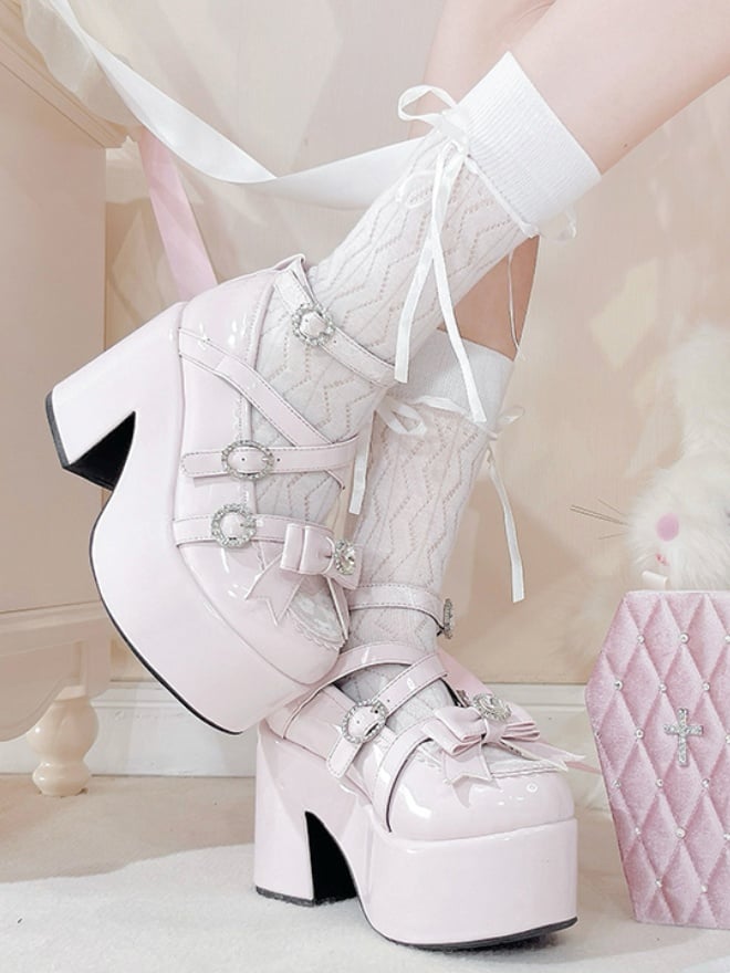Polierte rosafarbene Jirai Kei Plateau-High-Block-Pumps mit Schleife und Strass