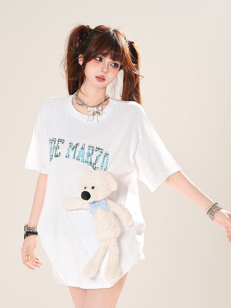 Black/White Round Neck Letter Print T-Shirt with Adorable Bear Plushie