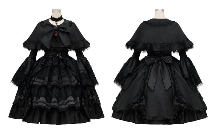 Kuro Sleeves Cape Drawstring Dress Layered Bell Gothic Skirt Lolita + Black