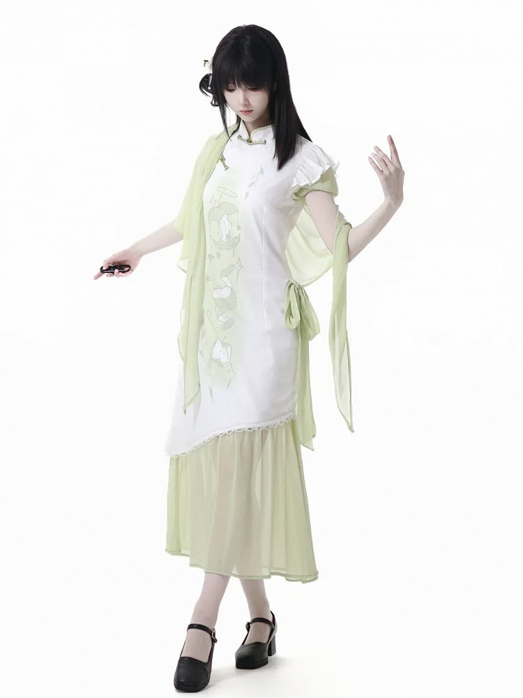 Banded Dress Qipao Collar Apple Print Cheongsam Style Buttons Green Knot