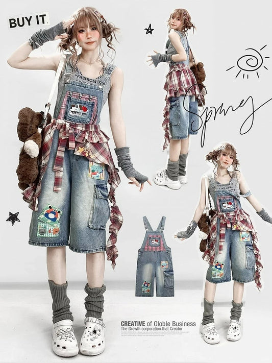 Pocket Jeans Puppy with Summer Waist Cute Accessory Plaid Overall