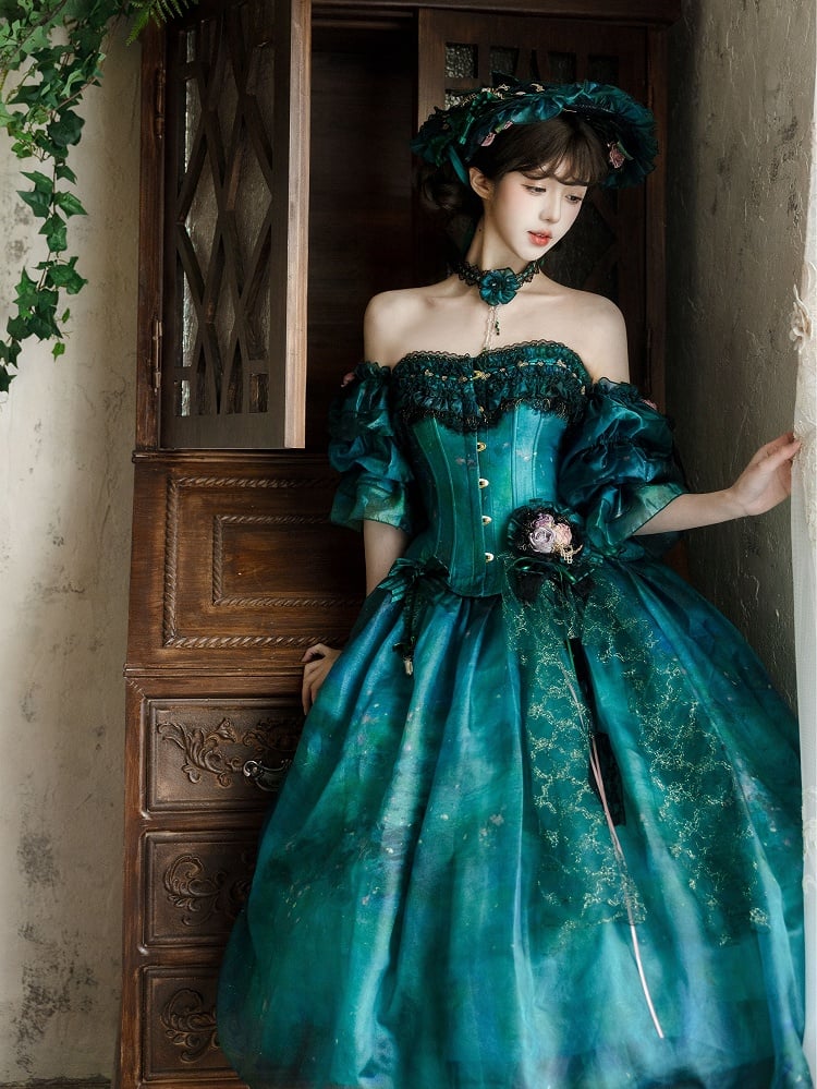 Green Forest Fairy Lolita Oil Painting Print Tulle Skirt with Floral Hairclip