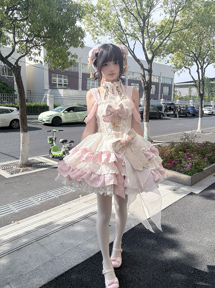 Hals Baskenkleid Taille Rosa Rock Halter Tiered Qi Abnehmbare Lolita