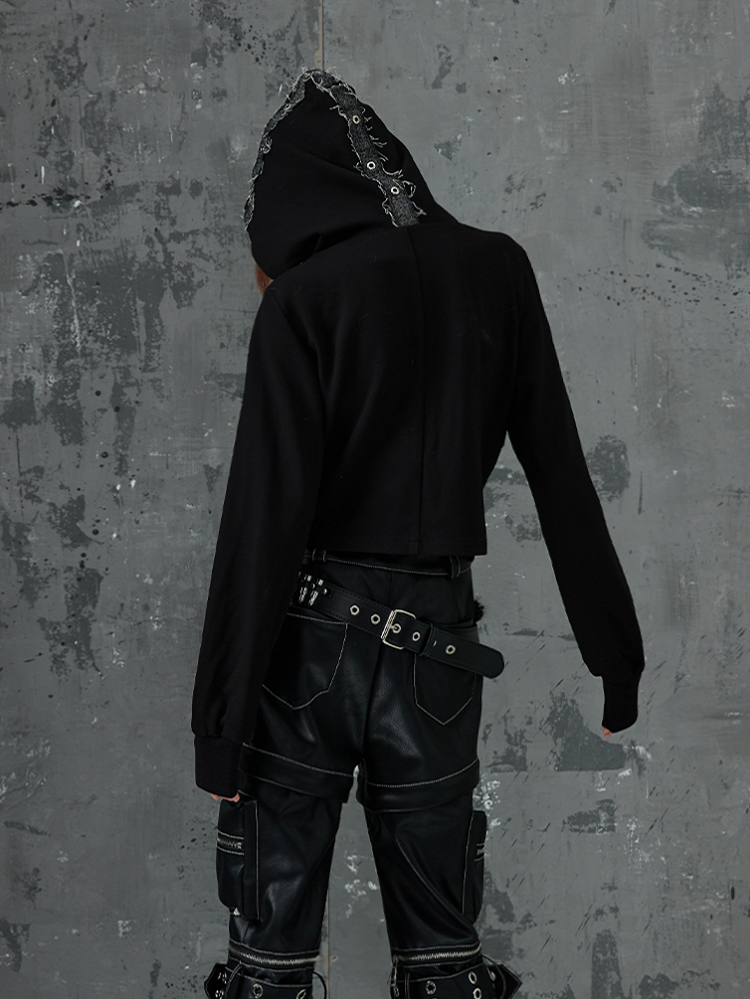 Cardigan With Denim Patchwork Zipper Accents Black Punk Cross Knit Hooded