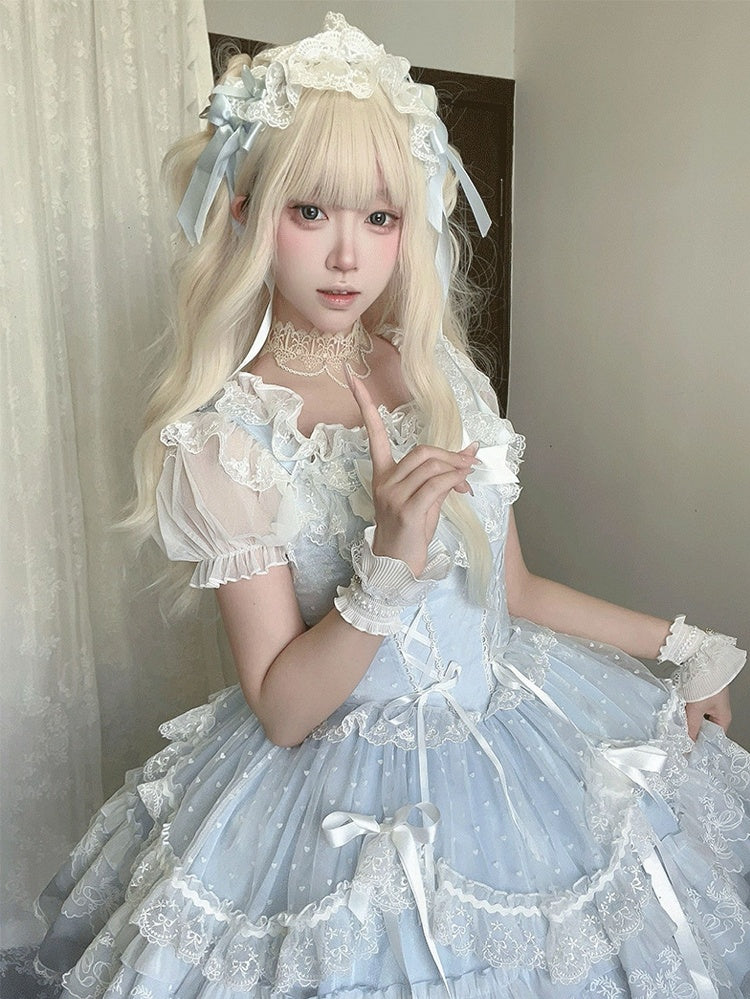 Pullover, abnehmbare Ärmel, Rock, süßes Lolita-Kleid, flatternd mit großem blauen Schnürmieder, hoch taillierter Schleife