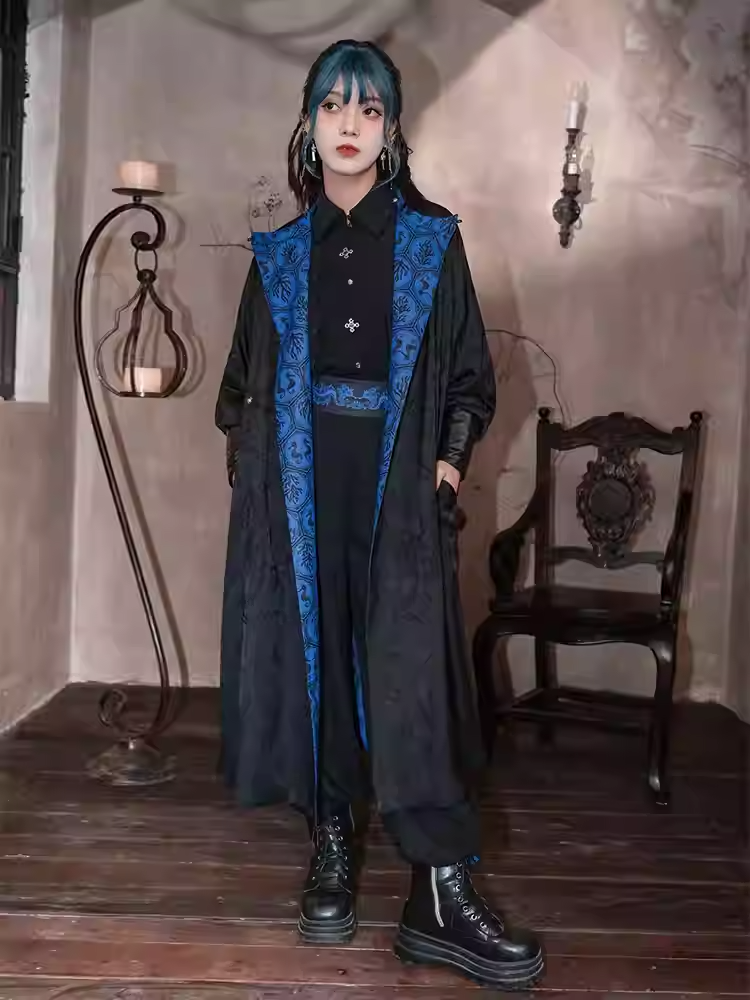 Cheongsam Style Long Coat Print and Blue Coral Black Jacquard Seahorses Reversible