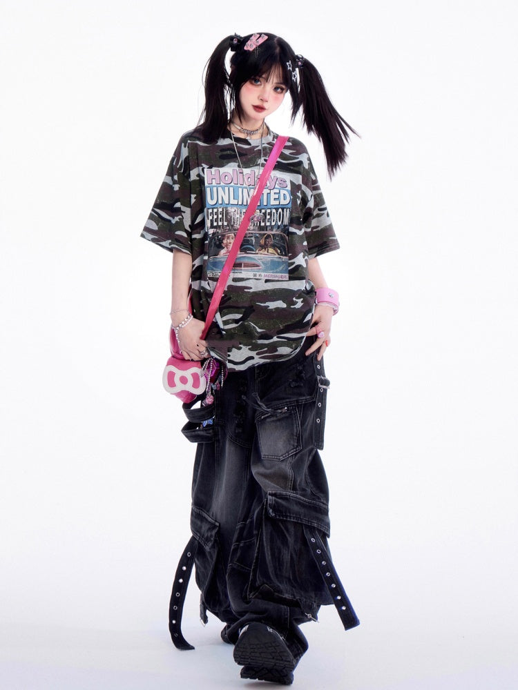 Jeans Rise Faded Wash Distressed Holes Wide-leg Cargo Black Low