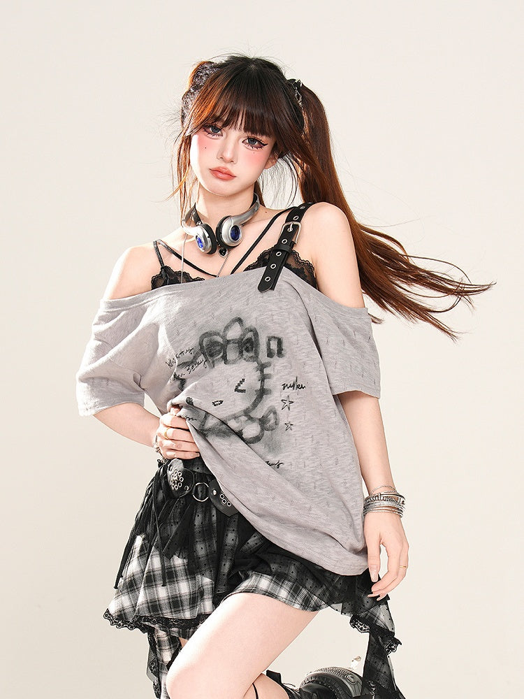Semi-sheer Asymmetrical Neckline Buckle Strap T-Shirt Kitty Print Black/White/Gray