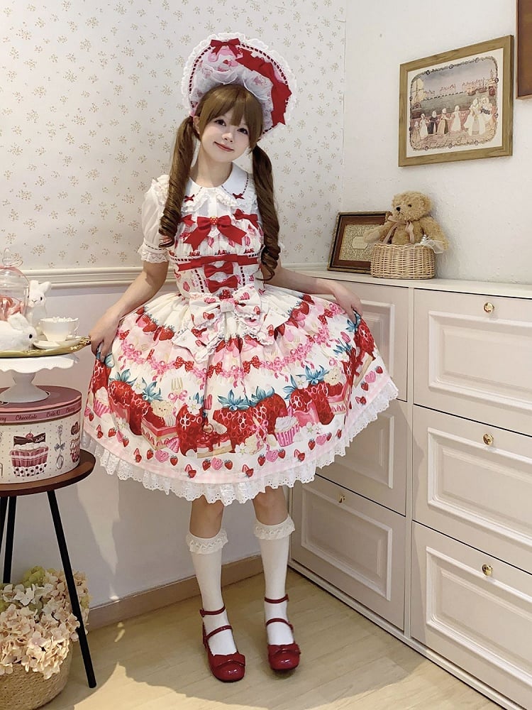 Strawberry Dessert Lolita Sweet Dress and White Print