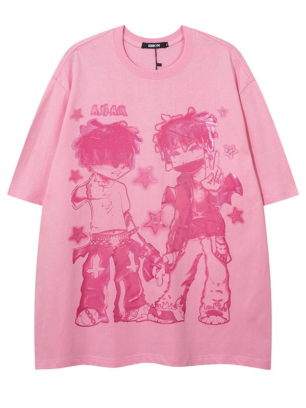 Loose-Fit Anime Character Graphic Tee - Flattering and Stylish White/Black/Pink