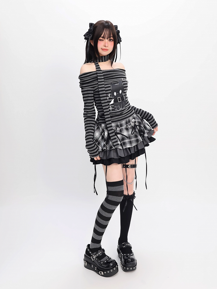 Gray Striped Top Neckline Black and Scarf with Bittersweet Kitten Print Off-the-shoulder