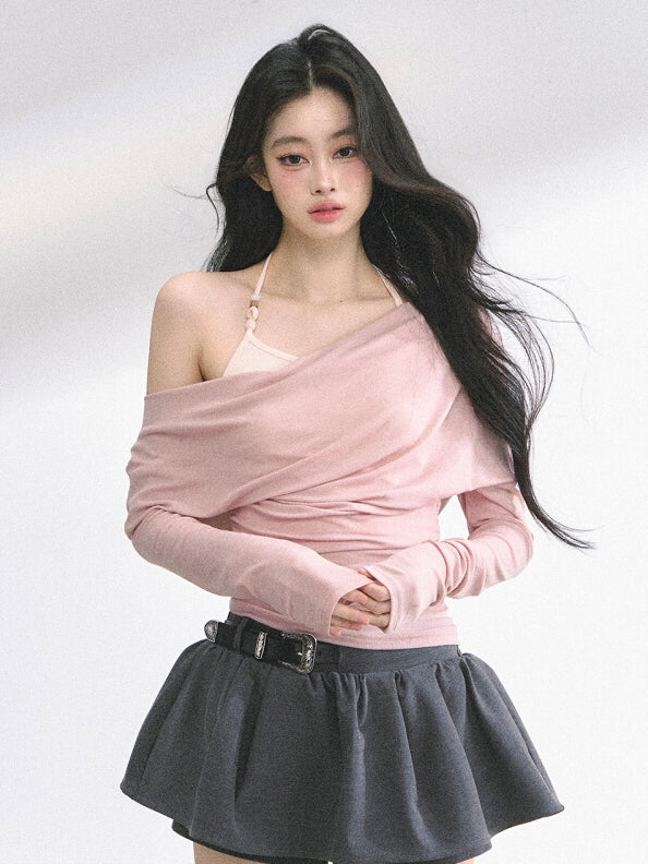 Pink/Khaki Asymmetrical Neckline Top Faux Two-pieces