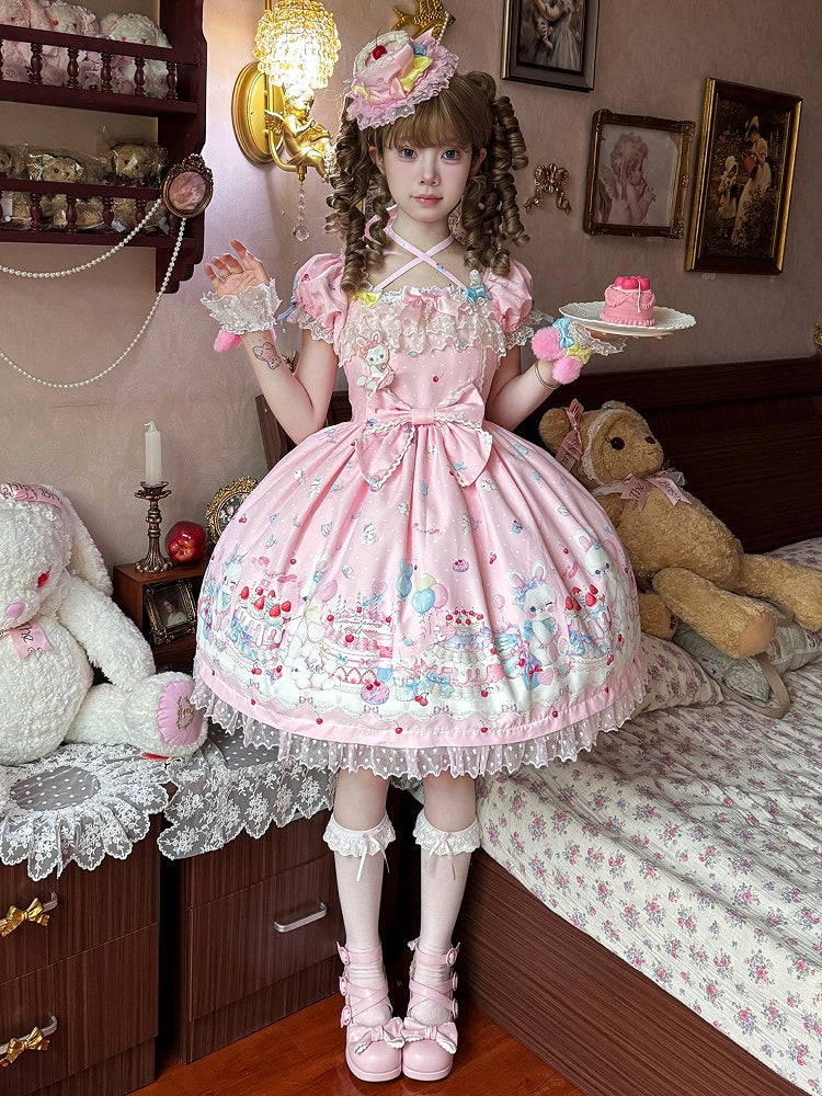 Sleeves Puff Pink Print Dress Sweet Lolita Bunny and Cake Short
