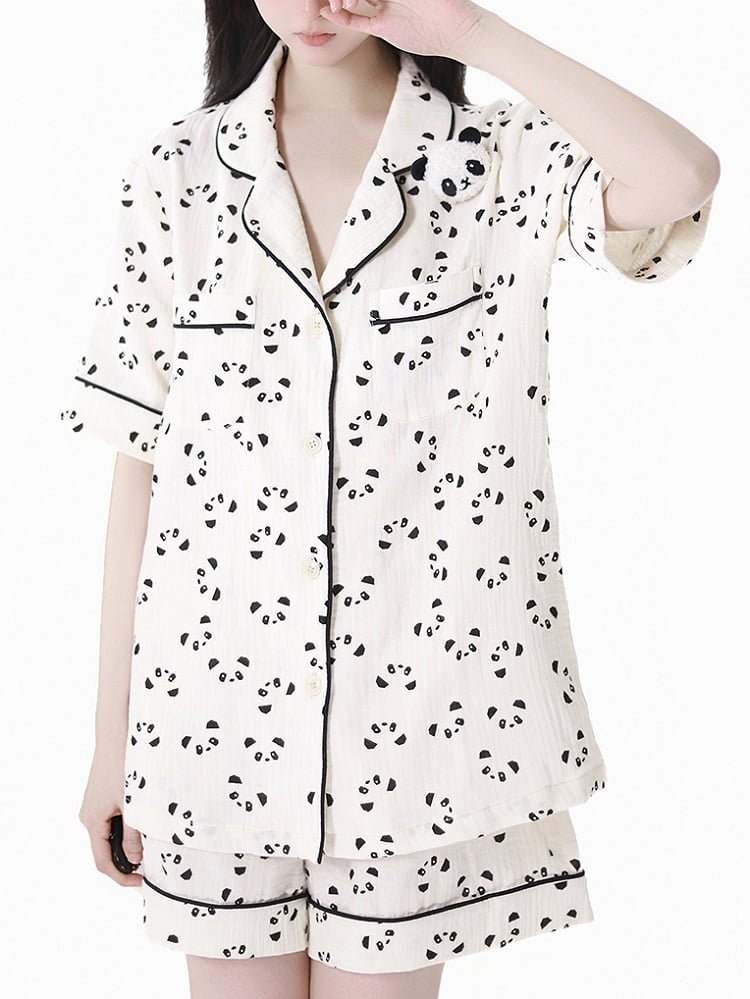 Collar + Allover Panda Print Shirt Shorts Beige Elastic Waist Edge Pajamas Set Scalloped
