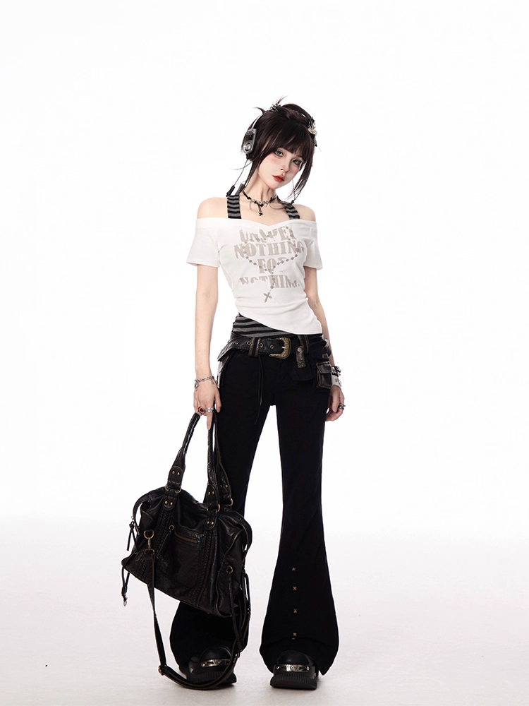 Striped Halter Neck T-shirt Gray White and Y2K Cross Necklace Print