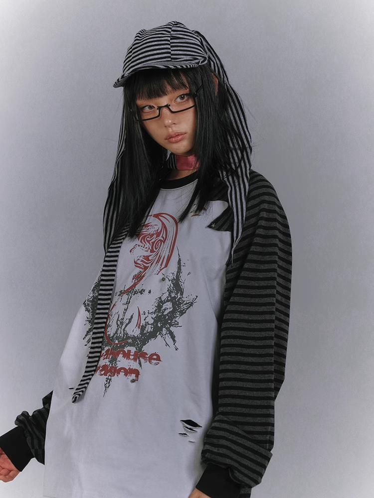 and Colorblock Long Sleeves Striped with Black and Gray Top Punk Print Design