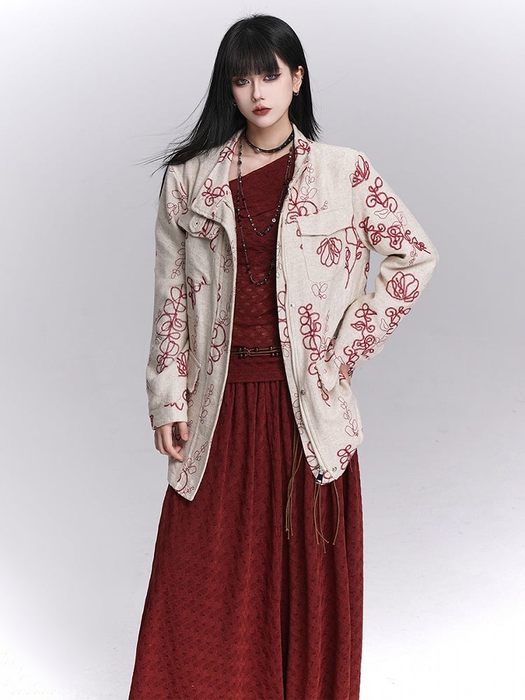 Rot Apricot Stickerei Trenchcoat Klappe Floral Leinen Taschen mit Vier
