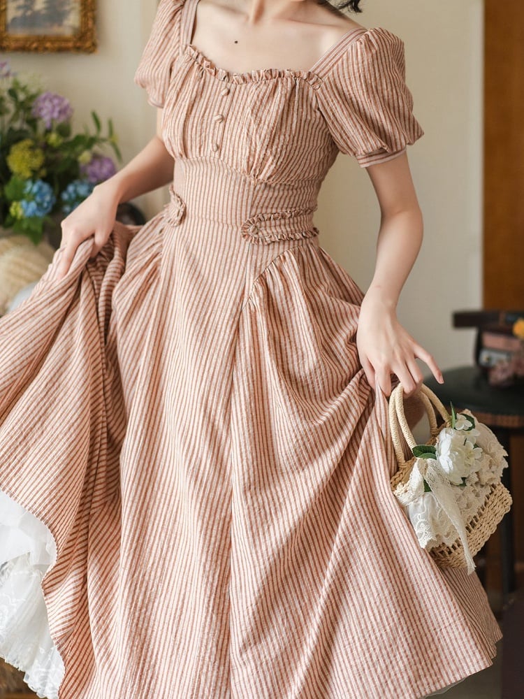 Fabric Puff Square Sleeves Orange Vintage Retro Striped Neckline Dress Fashion