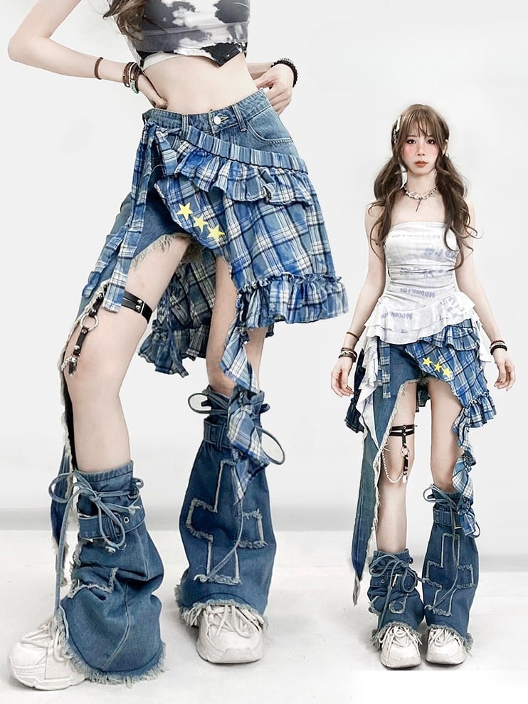 Warmers + Blue Print Hem Shorts Glamorous Pattern Bittersweet Asymmetrical Star Set- Plaid Applique Skirt Leg Cross