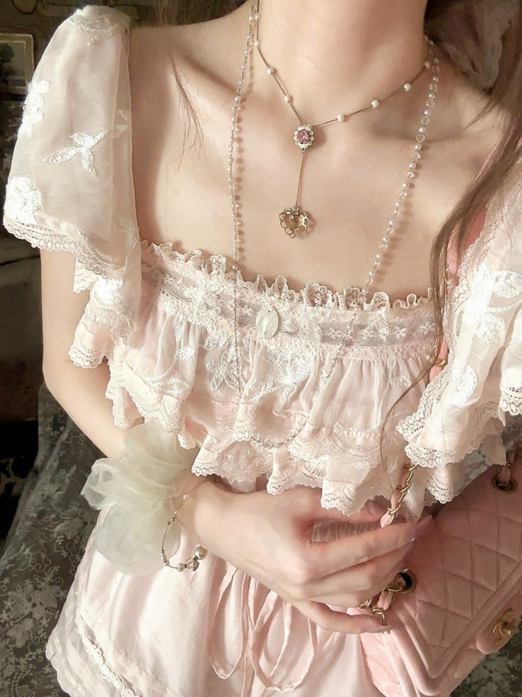 Flounce With Sakura Pink Chiffon Overlay Top Floral Embroidered Lace