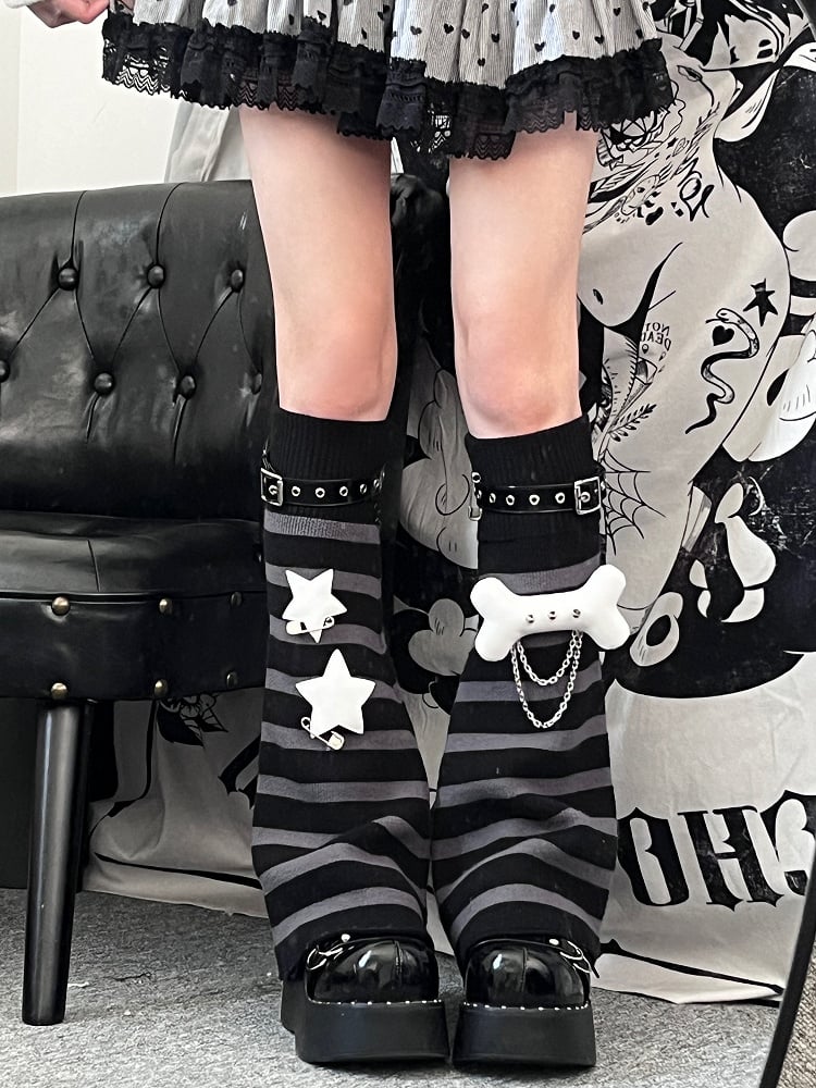 Punk Leg Striped Warmers Grey Black Knit