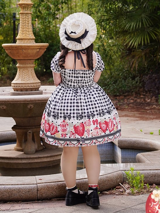Black Strawberry Print Plus Lolita Gingham and Dress Bow Size