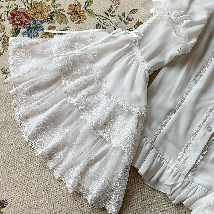 Rüschenglocke Weiß Verzierter Ausschnitt Ärmel Bowknots Bluse